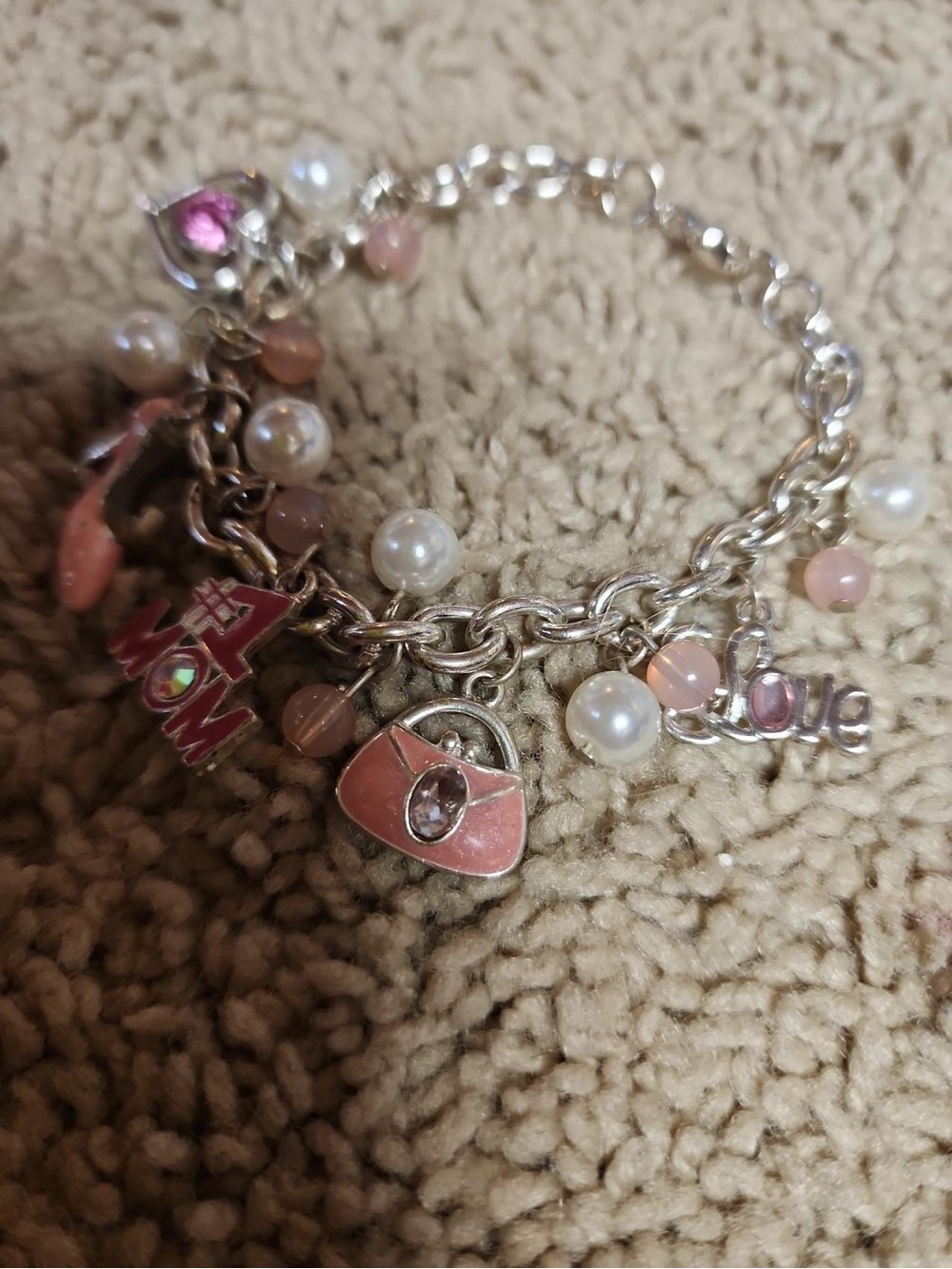 Women's Silver Charm Bracelet with Pink Accents and Faux Pearls